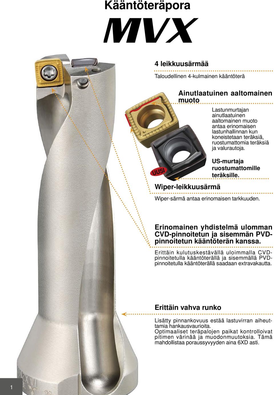 Erinomainen yhdistelmä ulomman CVD-pinnoitetun ja sisemmän PVDpinnoitetun kääntöterän kanssa.