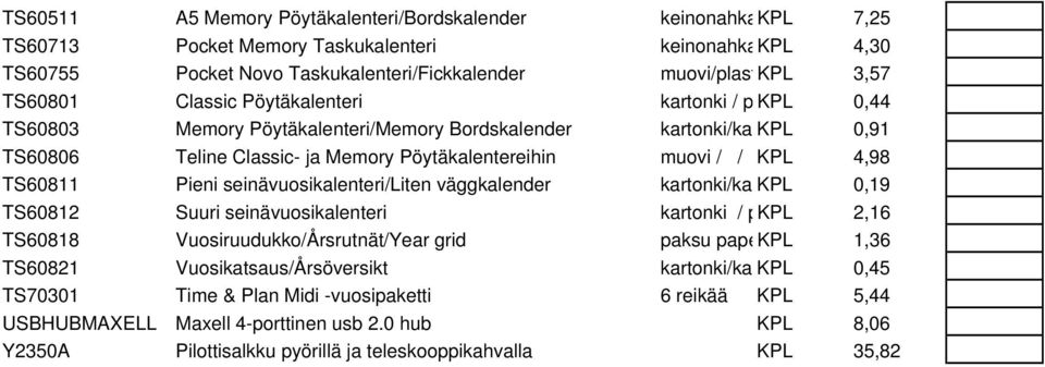 Pieni seinävuosikalenteri/liten väggkalender kartonki/ka KPL 0,19 TS60812 Suuri seinävuosikalenteri kartonki / pkpl 2,16 TS60818 Vuosiruudukko/Årsrutnät/Year grid paksu papekpl 1,36 TS60821