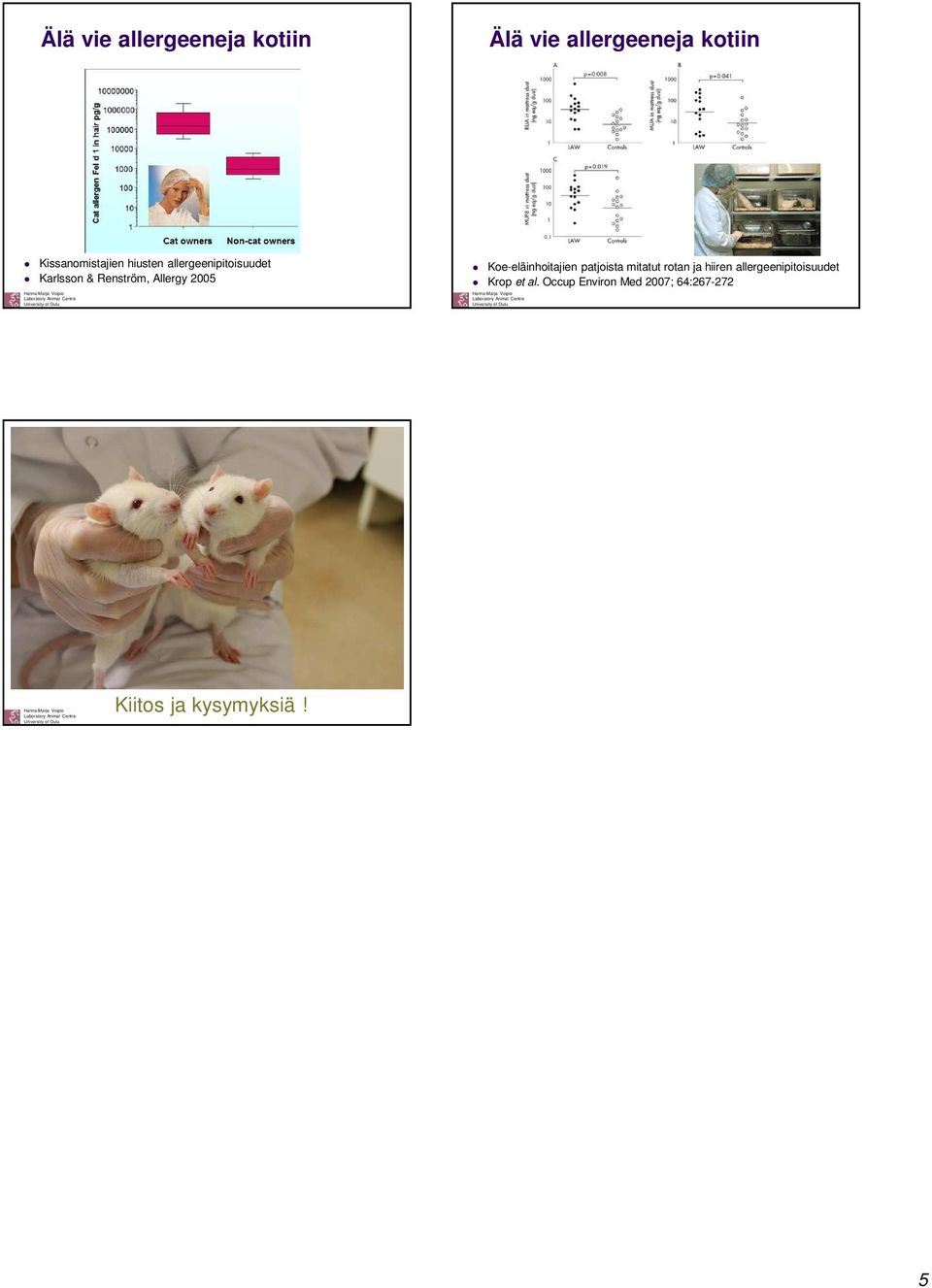 Allergy 2005 Koe-eläinhoitajien patjoista mitatut rotan ja hiiren