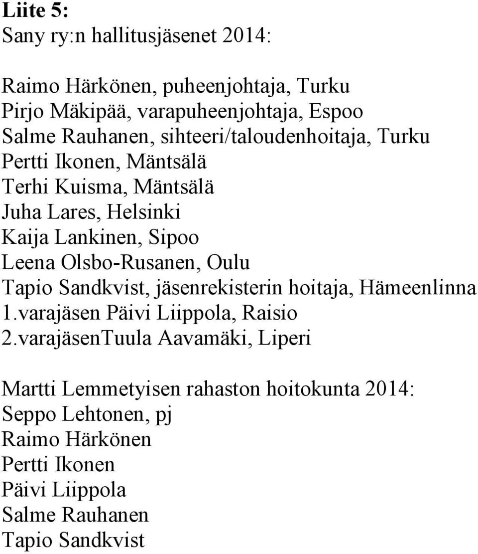Olsbo-Rusanen, Oulu Tapio Sandkvist, jäsenrekisterin hoitaja, Hämeenlinna 1.varajäsen Päivi Liippola, Raisio 2.