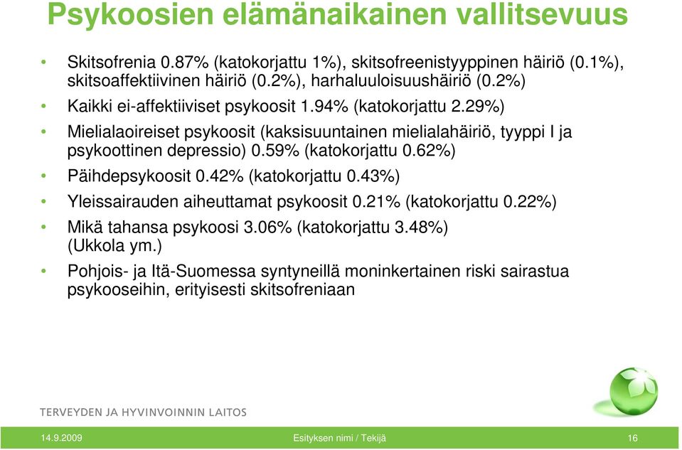 29%) Mielialaoireiset psykoosit (kaksisuuntainen mielialahäiriö, tyyppi I ja psykoottinen depressio) 0.59% (katokorjattu 0.62%) Päihdepsykoosit 0.42% (katokorjattu 0.
