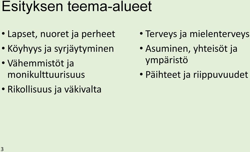 monikulttuurisuus Rikollisuus ja väkivalta Terveys ja