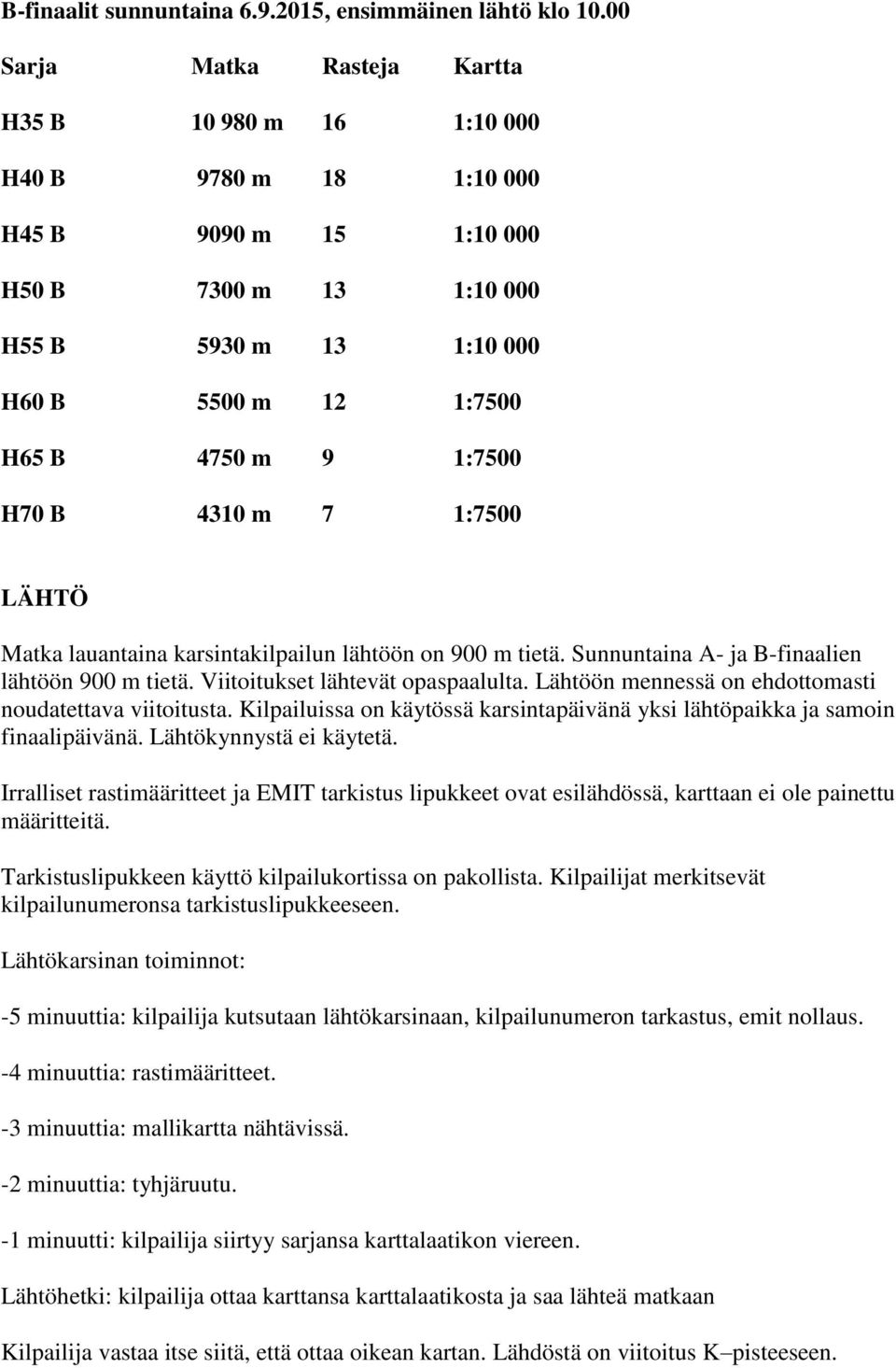 1:7500 H70 B 4310 m 7 1:7500 LÄHTÖ Matka lauantaina karsintakilpailun lähtöön on 900 m tietä. Sunnuntaina A- ja B-finaalien lähtöön 900 m tietä. Viitoitukset lähtevät opaspaalulta.