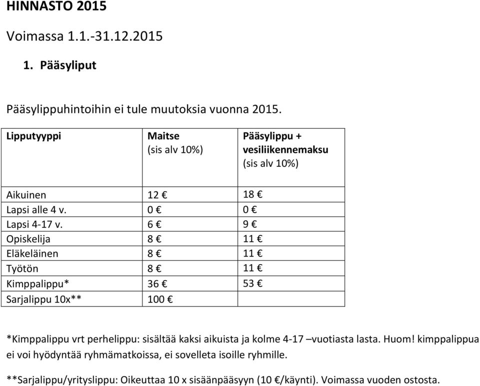 6 9 Opiskelija 8 11 Eläkeläinen 8 11 Työtön 8 11 Kimppalippu* 36 53 Sarjalippu 10x** 100 *Kimppalippu vrt perhelippu: sisältää kaksi