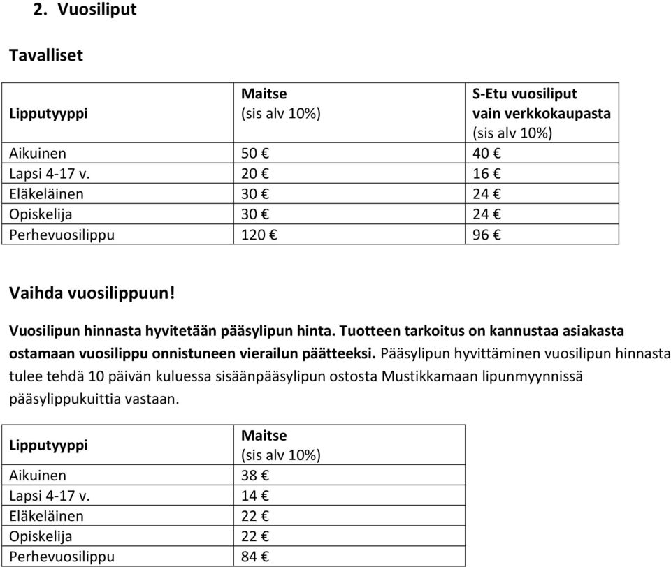Vuosilipun hinnasta hyvitetään pääsylipun hinta. Tuotteen tarkoitus on kannustaa asiakasta ostamaan vuosilippu onnistuneen vierailun päätteeksi.