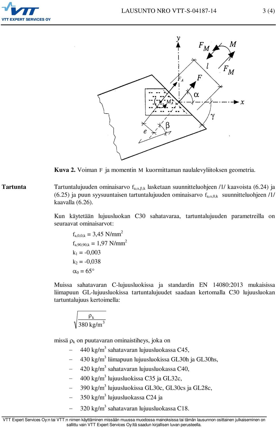 Kun käytetään lujuusluokan C30 sahatavaraa, tartuntalujuuden parametreilla on seuraavat ominaisarvot: f a,0,0,k = 3,45 N/mm 2 f a,90,90,k = 1,97 N/mm 2 k 1 = -0,003 k 2 = -0,038 0 = 65 Muissa