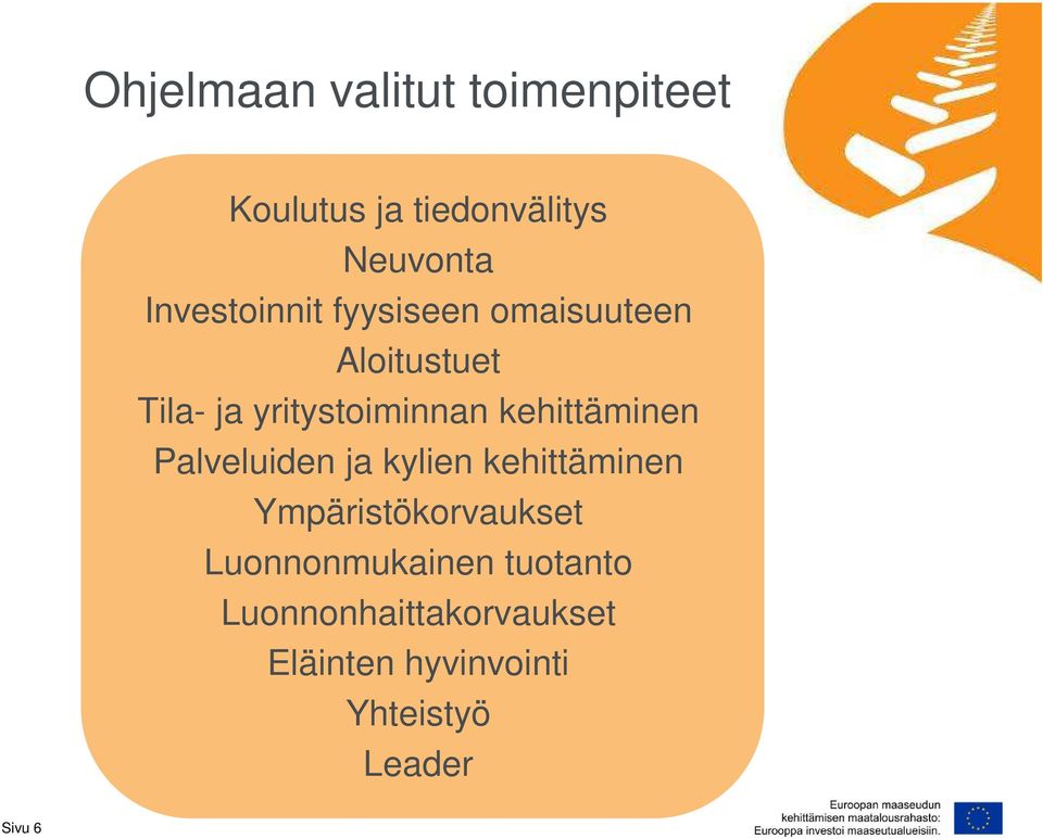 kehittäminen Palveluiden ja kylien kehittäminen Ympäristökorvaukset