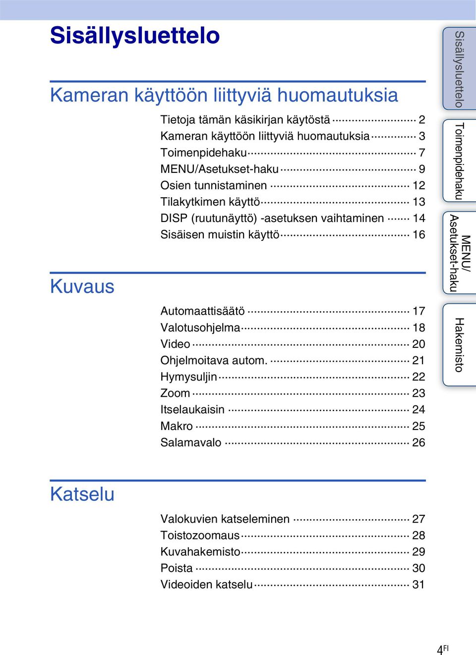 Sisäisen muistin käyttö 16 Automaattisäätö 17 Valotusohjelma 18 Video 20 Ohjelmoitava autom.