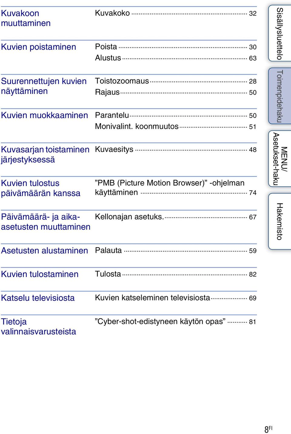 koonmuutos 51 Kuvasarjan toistaminen järjestyksessä Kuvien tulostus päivämäärän kanssa Kuvaesitys 48 PMB (Picture Motion Browser) -ohjelman