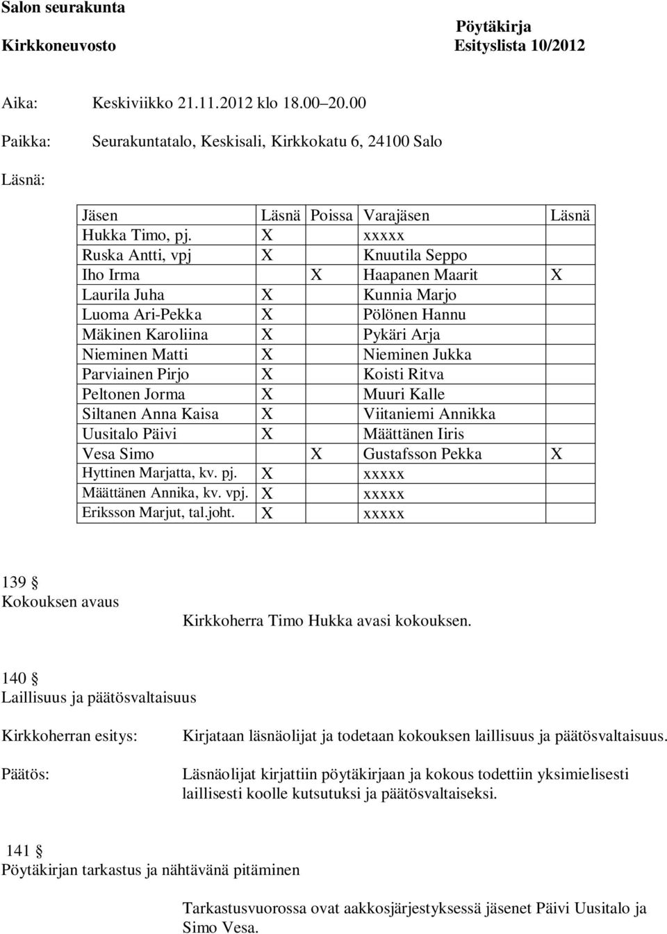 X xxxxx Ruska Antti, vpj X Knuutila Seppo Iho Irma X Haapanen Maarit X Laurila Juha X Kunnia Marjo Luoma Ari-Pekka X Pölönen Hannu Mäkinen Karoliina X Pykäri Arja Nieminen Matti X Nieminen Jukka