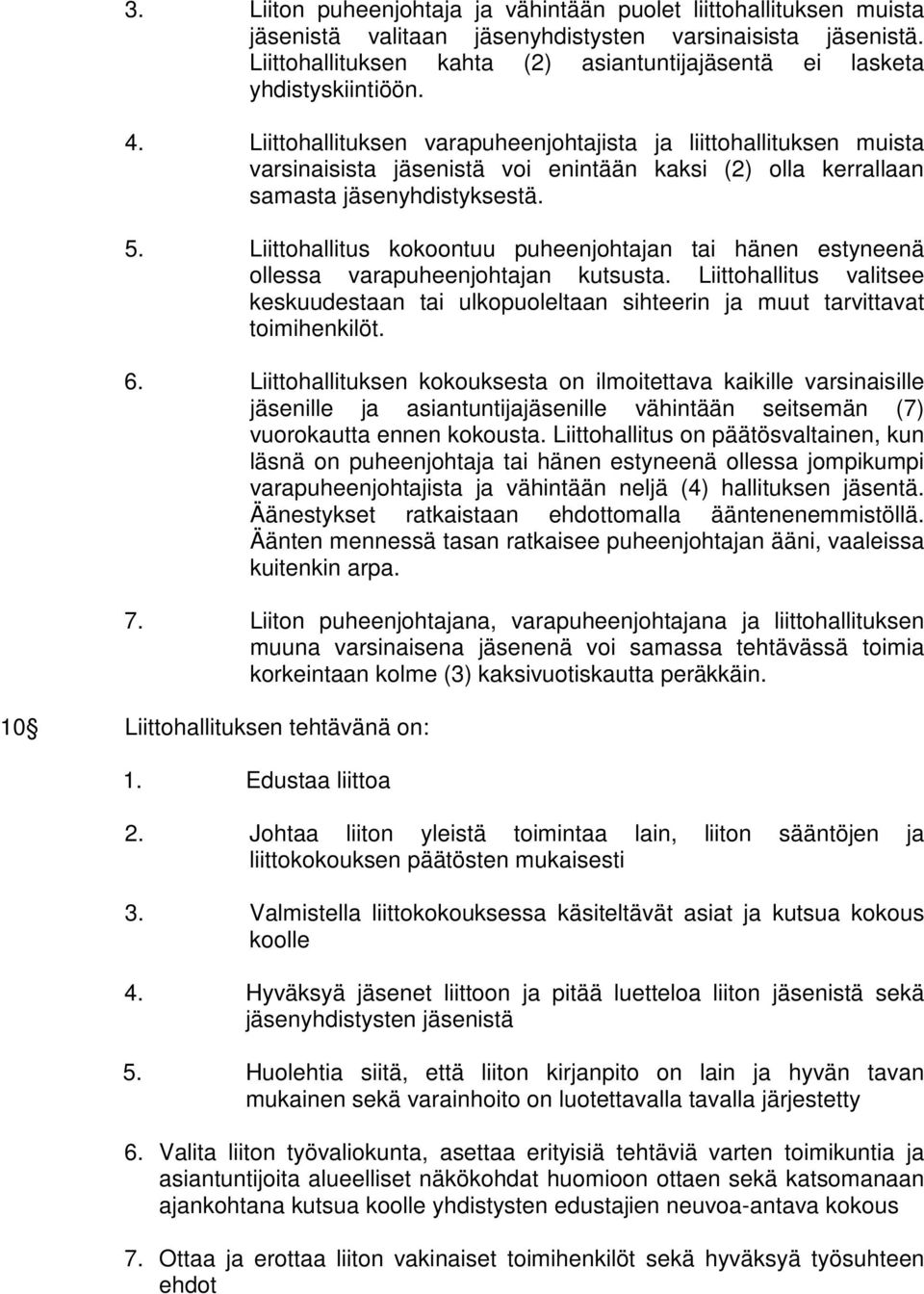 Liittohallituksen varapuheenjohtajista ja liittohallituksen muista varsinaisista jäsenistä voi enintään kaksi (2) olla kerrallaan samasta jäsenyhdistyksestä. 5.