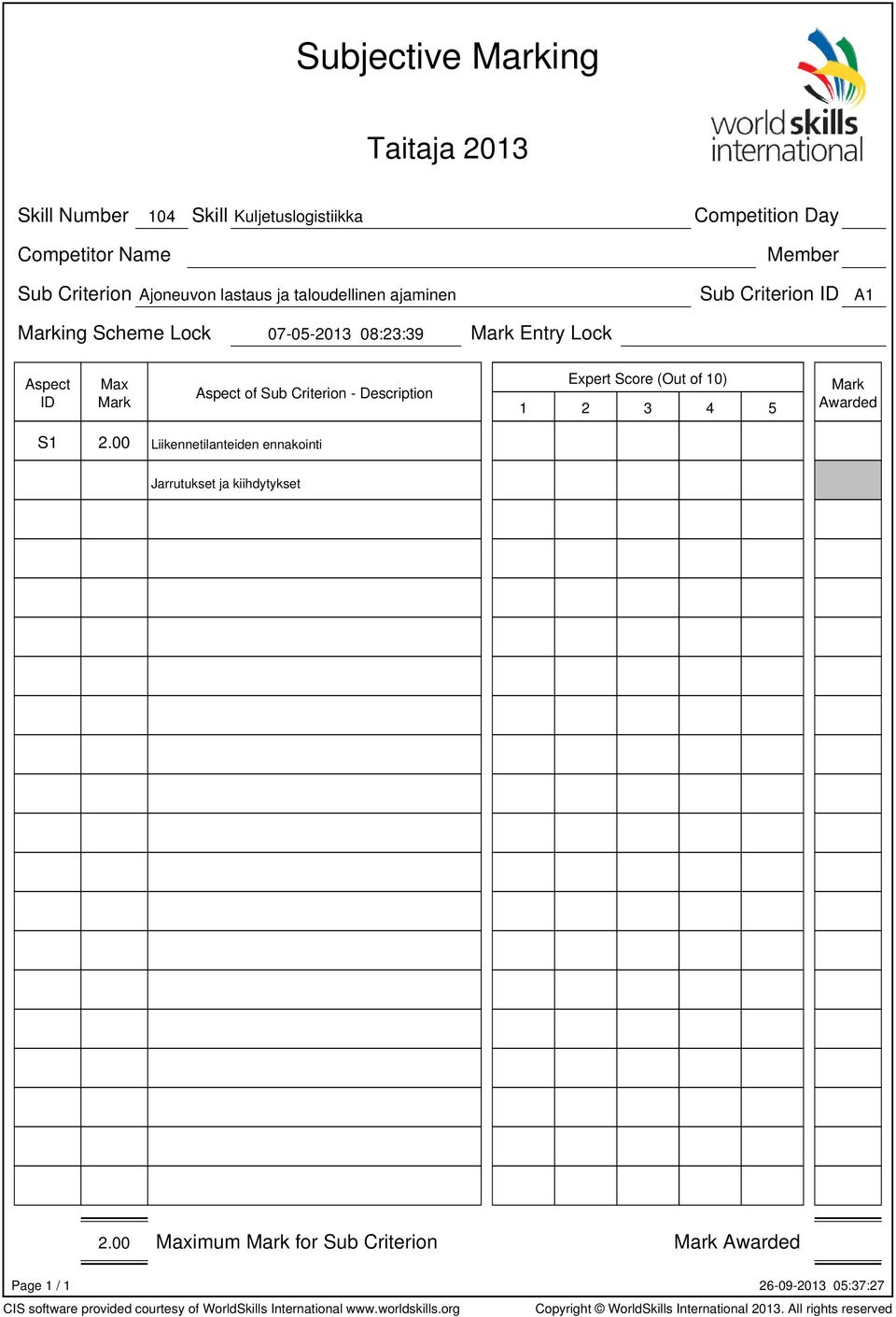 Entry Lock Expert Score (Out of 10) 1 2 3 4 5 S1 2.