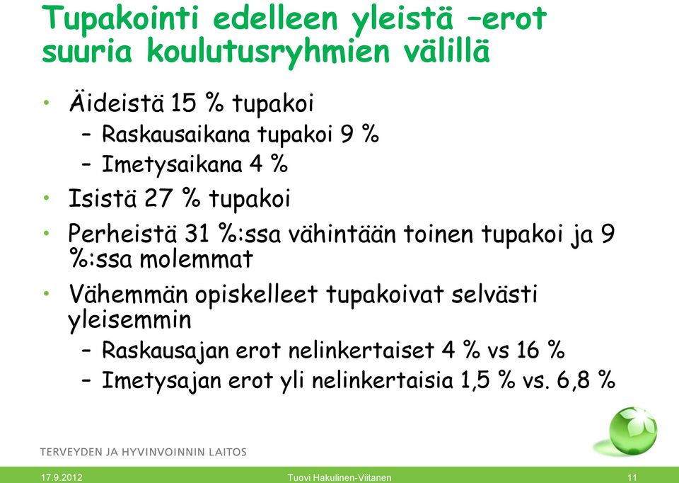 %:ssa molemmat Vähemmän opiskelleet tupakoivat selvästi yleisemmin Raskausajan erot nelinkertaiset