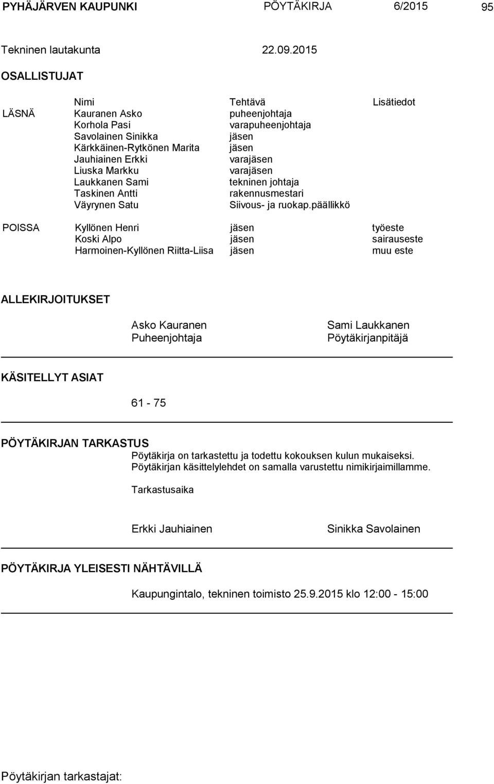 Markku varajäsen Laukkanen Sami tekninen johtaja Taskinen Antti rakennusmestari Väyrynen Satu Siivous- ja ruokap.