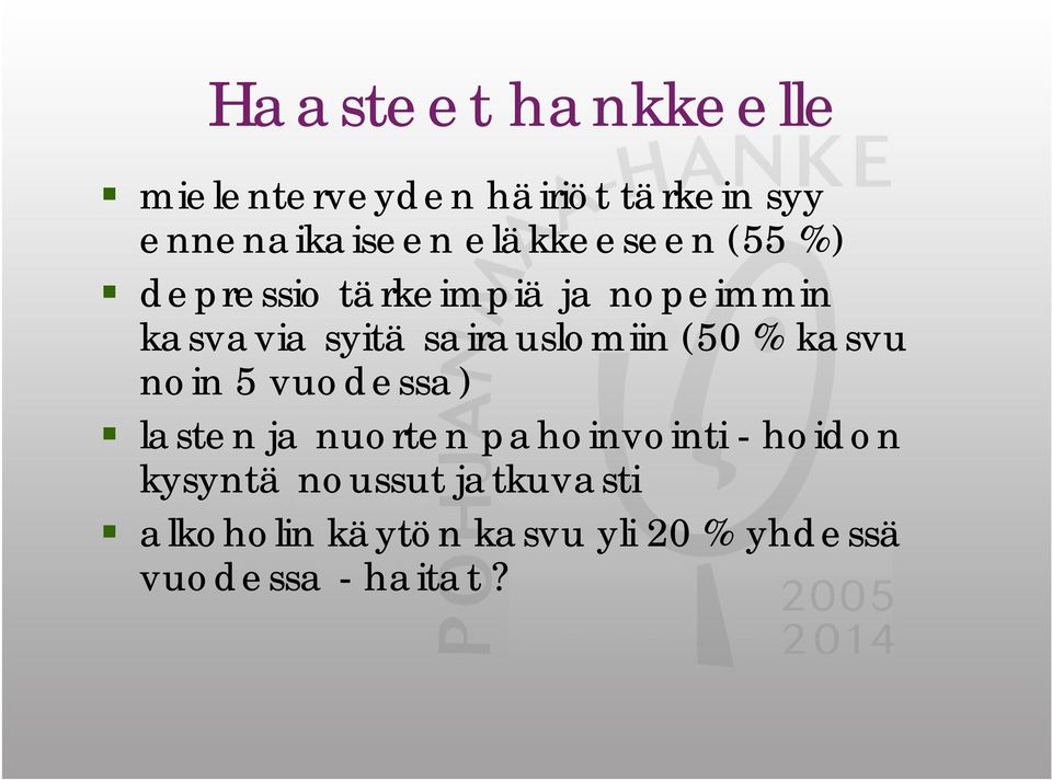 sairauslomiin (50 % kasvu noin 5 vuodessa) lasten ja nuorten pahoinvointi -