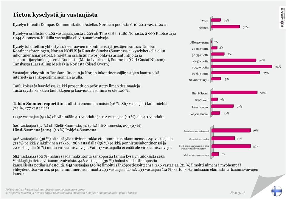 Kysely toteutettiin yhteistyössä seuraavien inkontinenssijärjestöjen kanssa: Tanskan Kontinensforeningen, Norjan NOFUS ja Ruotsin Sinoba (Suomessa ei kyselyhetkellä ollut inkontinenssijärjestöä).