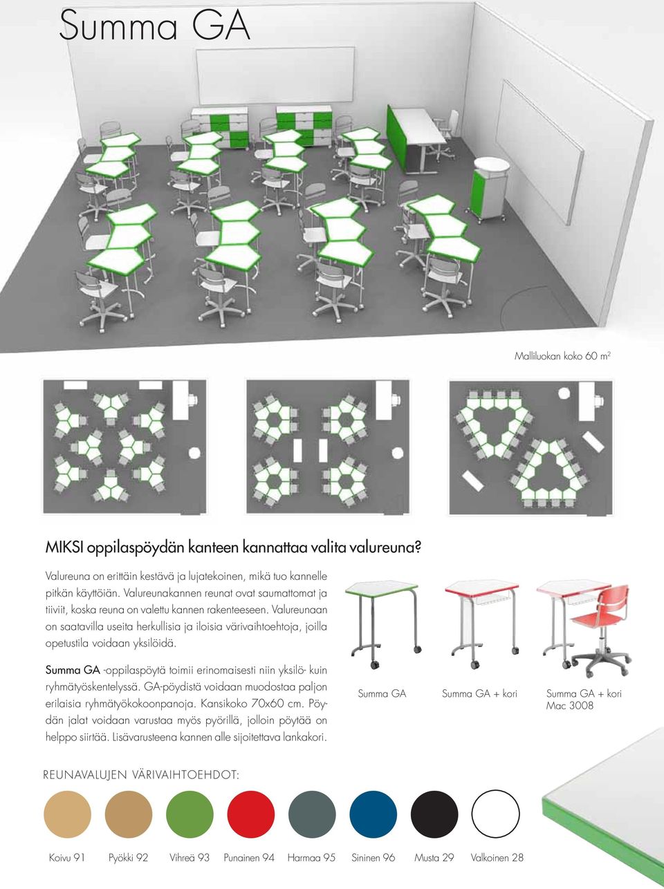 Valureunaan on saatavilla useita herkullisia ja iloisia värivaihtoehtoja, joilla opetustila voidaan yksilöidä. Summa GA -oppilaspöytä toimii erinomaisesti niin yksilö- kuin ryhmätyöskentelyssä.