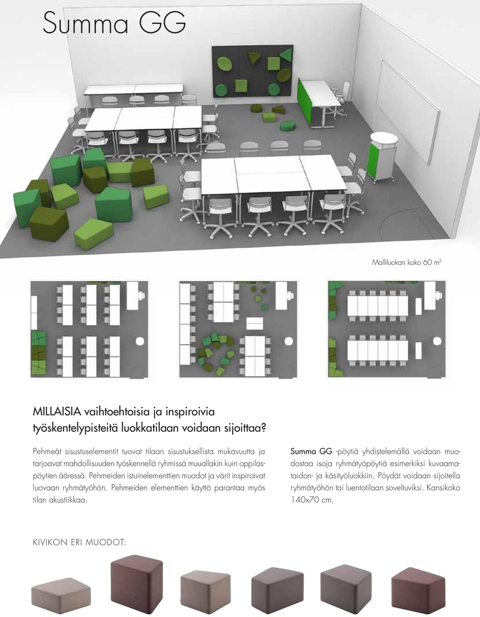 Pehmeiden istuinelementtien muodot ja värit inspiroivat luovaan ryhmätyöhön. Pehmeiden elementtien käyttö parantaa myös tilan akustiikkaa.