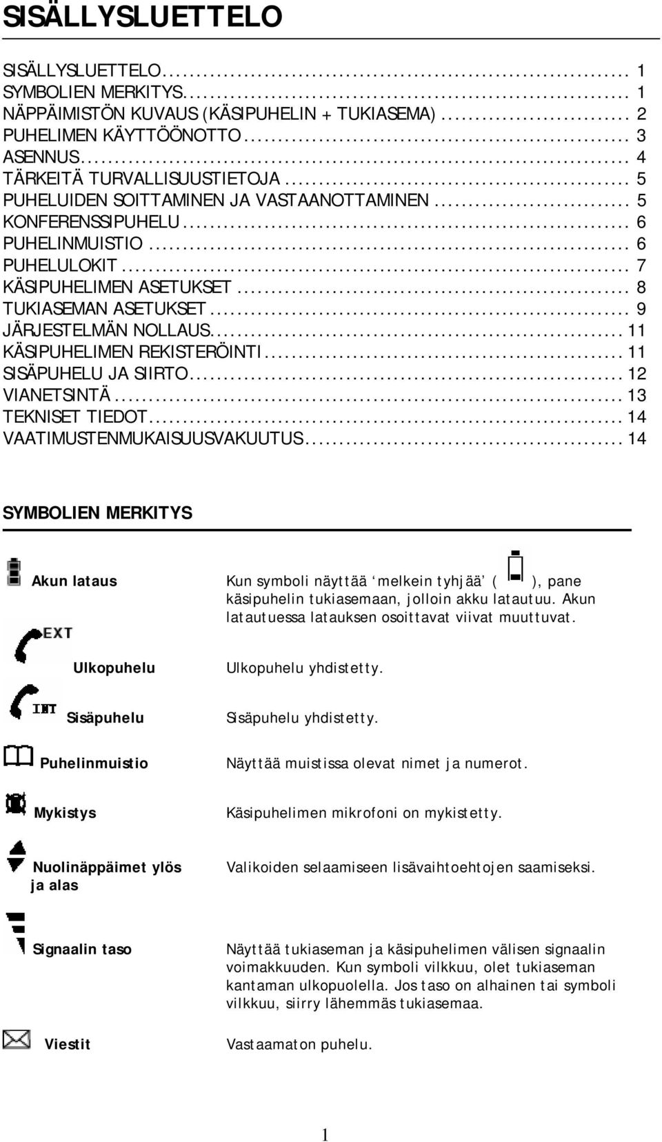 .. 11 KÄSIPUHELIMEN REKISTERÖINTI... 11 SISÄPUHELU JA SIIRTO... 12 VIANETSINTÄ... 13 TEKNISET TIEDOT... 14 VAATIMUSTENMUKAISUUSVAKUUTUS.