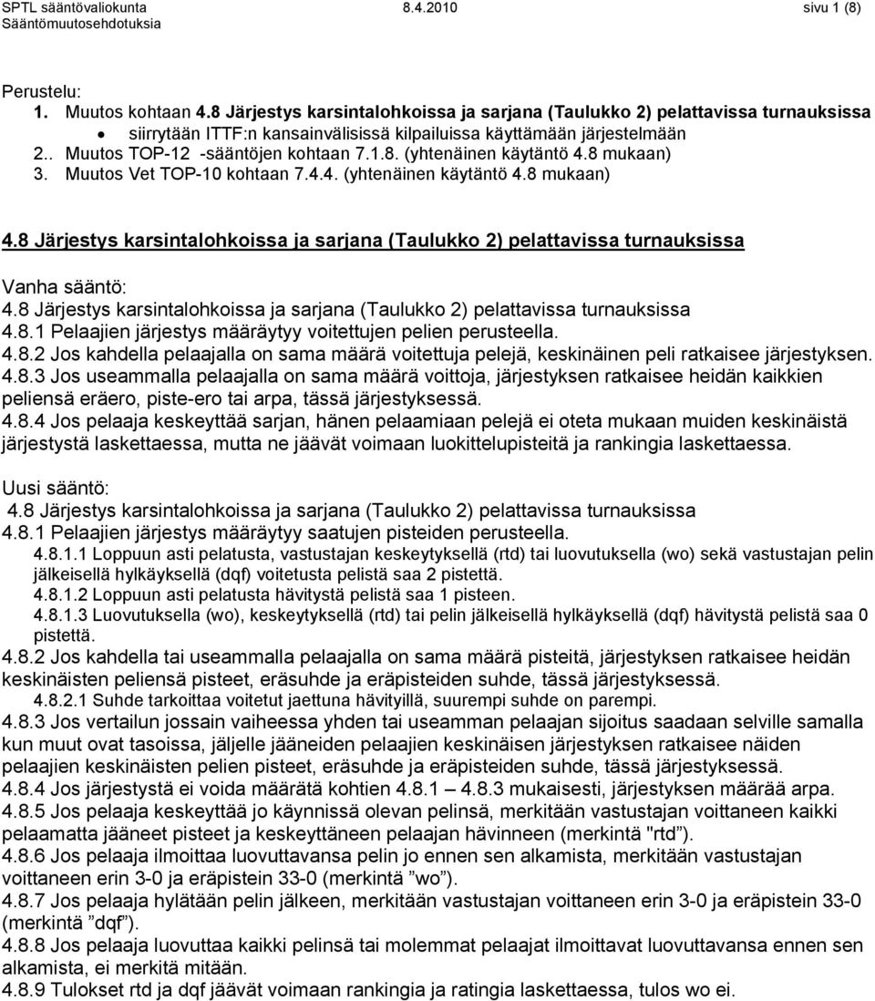 8 mukaan) 3. Muutos Vet TOP-10 kohtaan 7.4.4. (yhtenäinen käytäntö 4.8 mukaan) 4.8 Järjestys karsintalohkoissa ja sarjana (Taulukko 2) pelattavissa turnauksissa 4.