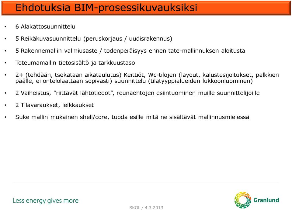 (layout, kalustesijoitukset, palkkien päälle, ei ontelolaattaan sopivasti) suunnittelu (tilatyyppialueiden lukkoonluominen) 2 Vaiheistus, riittävät