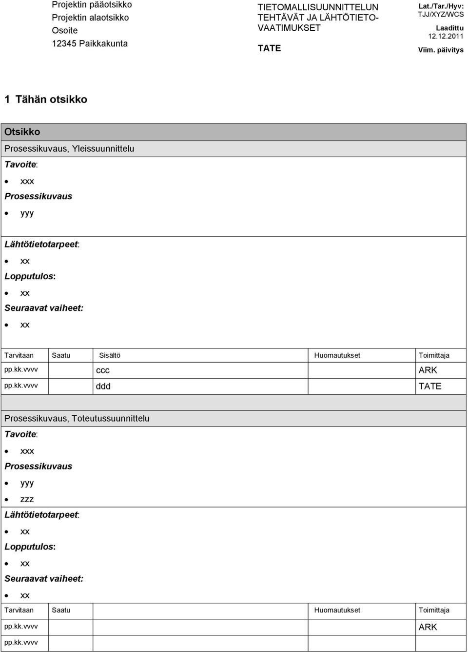 päivitys 1 Tähän otsikko Otsikko Prosessikuvaus, Yleissuunnittelu Tavoite: xxx Prosessikuvaus yyy Lähtötietotarpeet: xx Lopputulos: xx Seuraavat vaiheet: