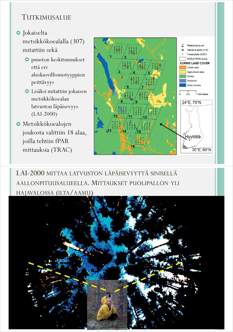 (LAI-2000) Metsikkökoealojen joukosta valittiin 18 alaa, joilla tehtiin fpar mittauksia (TRAC) LAI-2000