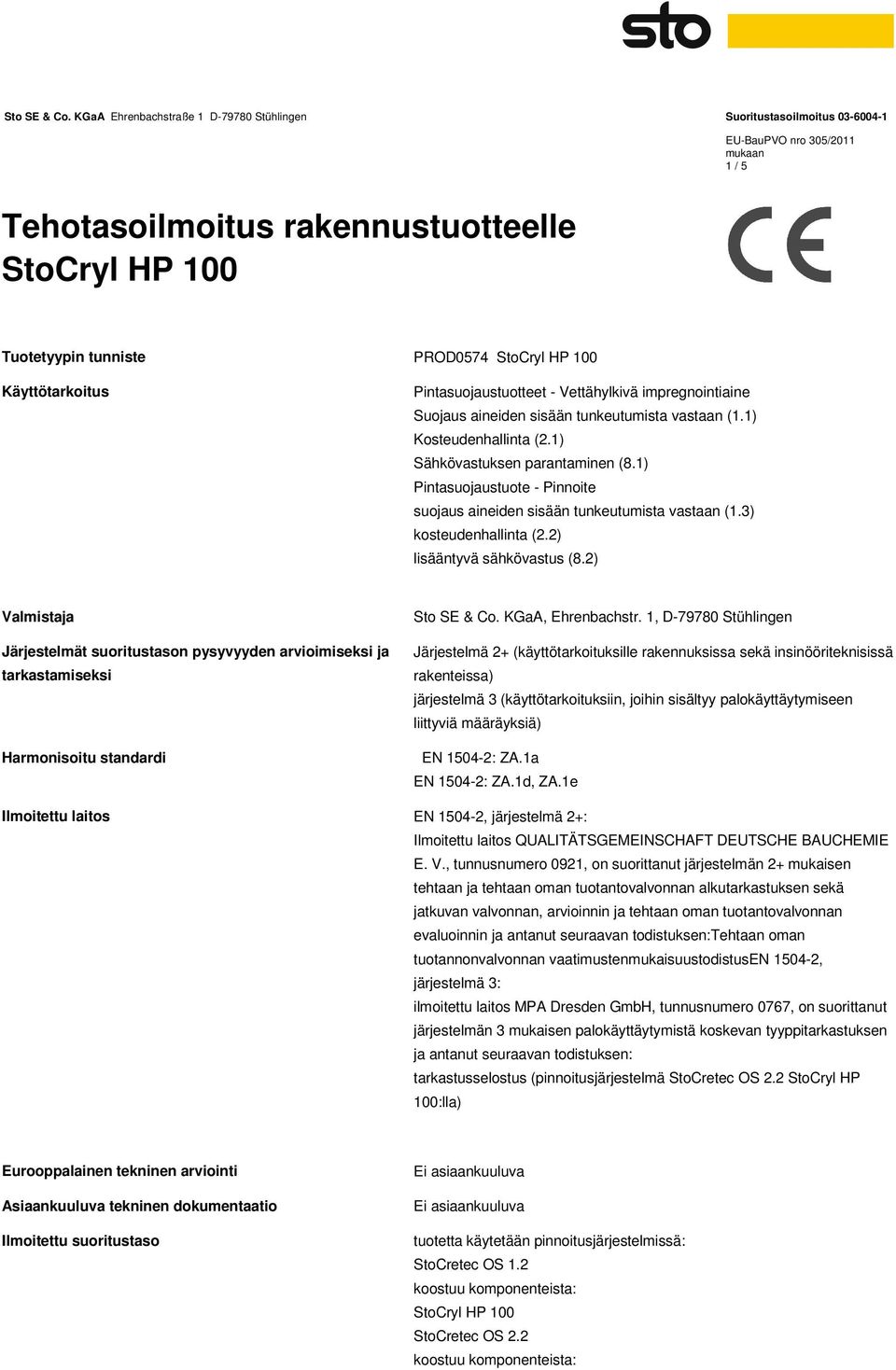 2) Valmistaja Järjestelmät suoritustason pysyvyyden arvioimiseksi ja tarkastamiseksi Harmonisoitu standardi Sto SE & Co. KGaA, Ehrenbachstr.
