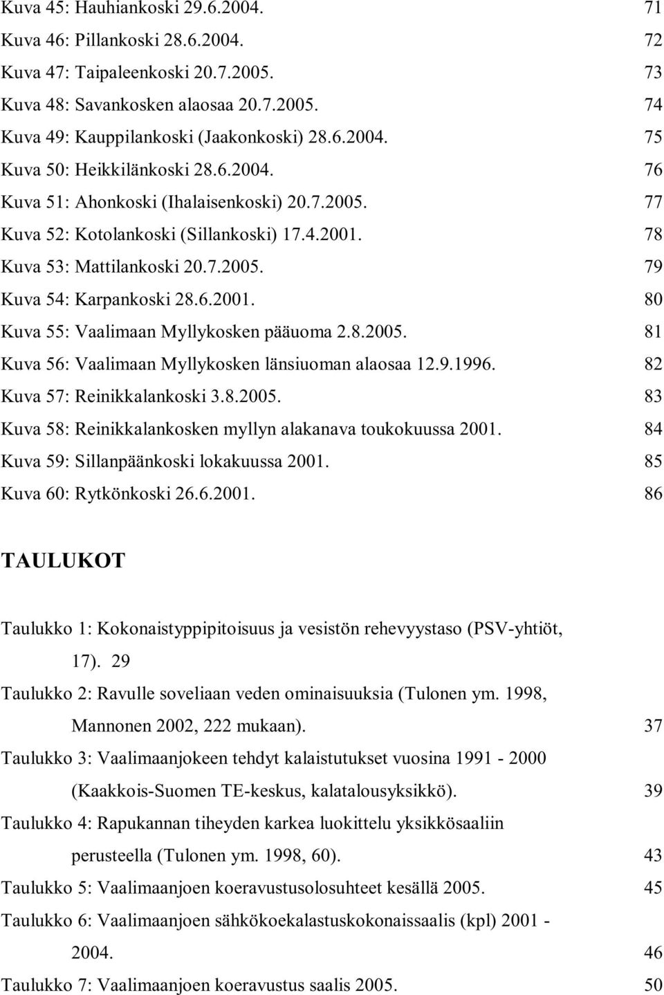 8.2005. 81 Kuva 56: Vaalimaan Myllykosken länsiuoman alaosaa 12.9.1996. 82 Kuva 57: Reinikkalankoski 3.8.2005. 83 Kuva 58: Reinikkalankosken myllyn alakanava toukokuussa 2001.