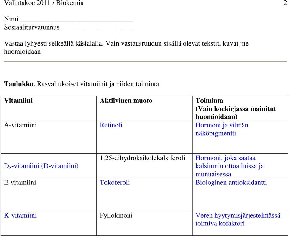 näköpigmentti 1,25-dihydroksikolekalsiferoli Hormoni, joka säätää D 3 -vitamiini (D-vitamiini)