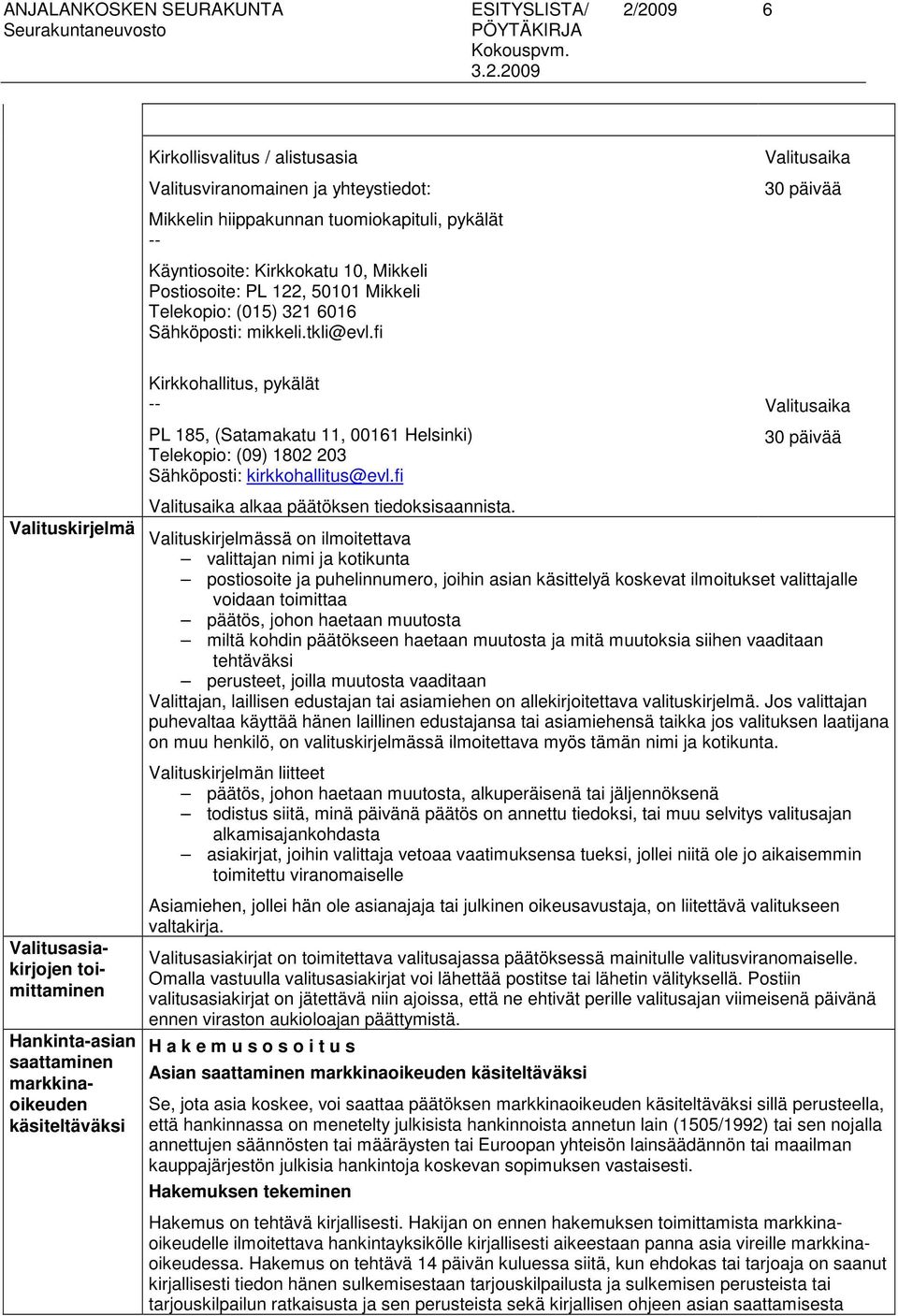 fi Kirkkohallitus, pykälät PL 185, (Satamakatu 11, 00161 Helsinki) Telekopio: (09) 1802 203 Sähköposti: kirkkohallitus@evl.fi alkaa päätöksen tiedoksisaannista.