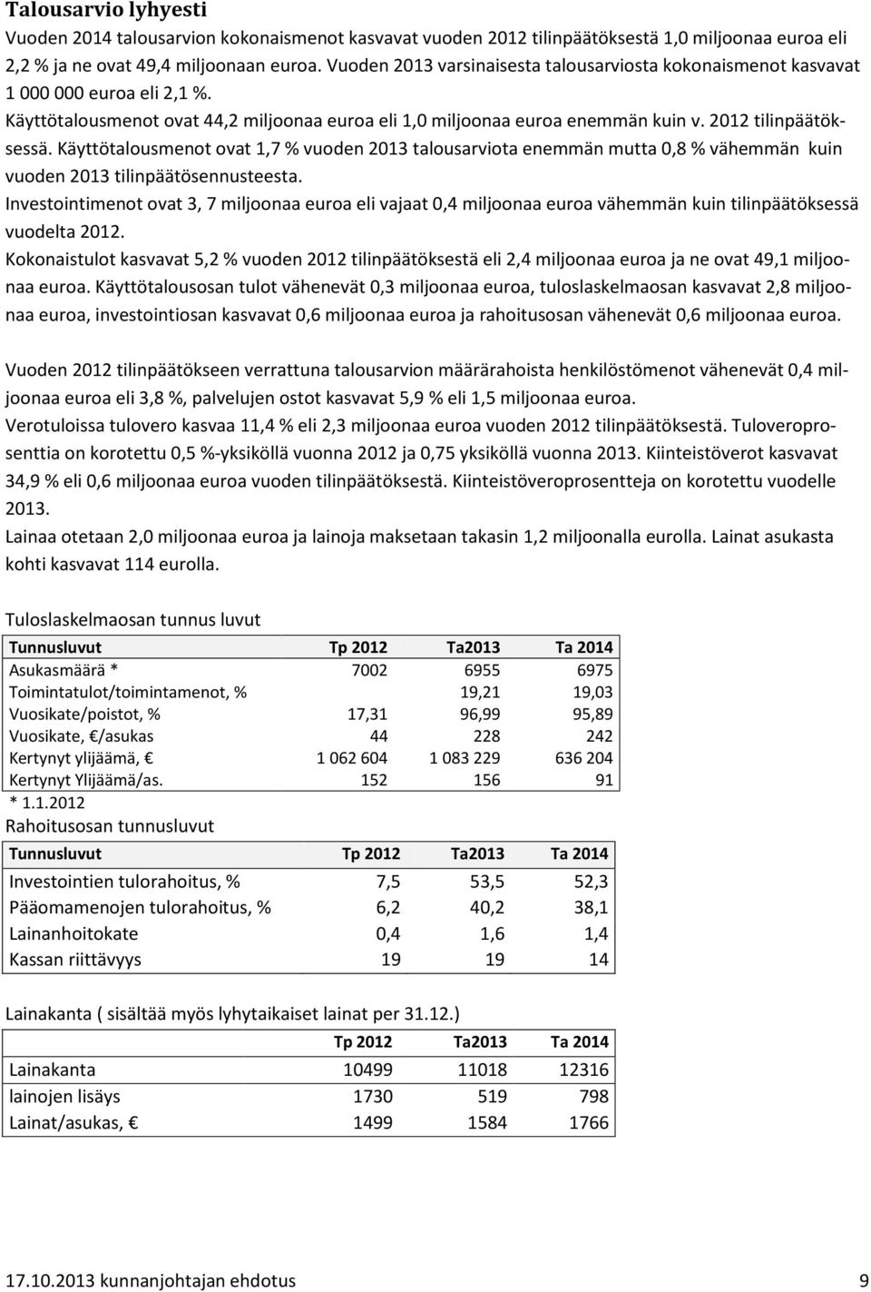 Käyttötalousmenot ovat 1,7 % vuoden 2013 talousarviota enemmän mutta 0,8 % vähemmän kuin vuoden 2013 tilinpäätösennusteesta.