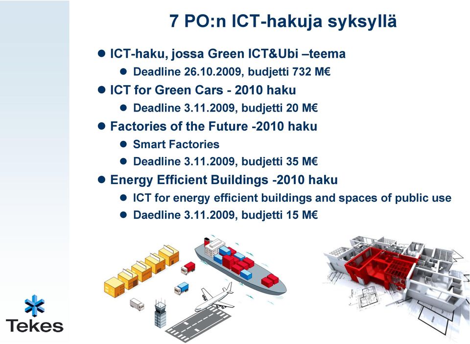 2009, budjetti 20 M Factories of the Future -2010 haku Smart Factories Deadline 3.11.