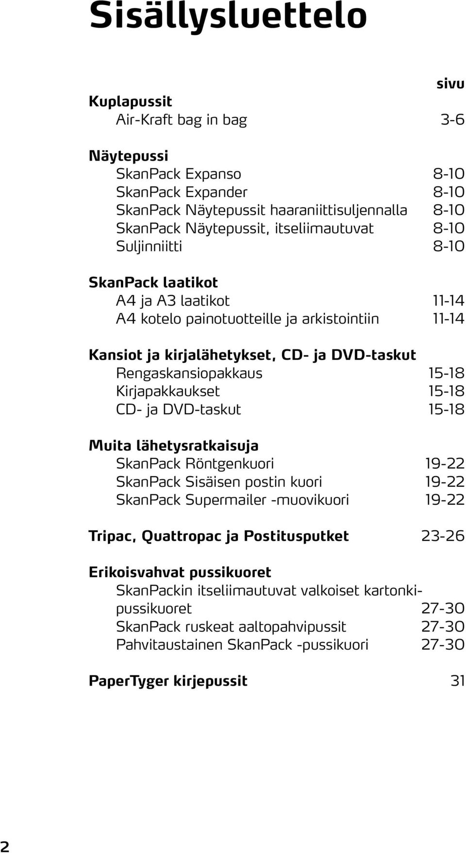 15-18 Kirjapakkaukset 15-18 CD- ja DVD-taskut 15-18 Muita lähetysratkaisuja SkanPack Röntgenkuori 19-22 SkanPack Sisäisen postin kuori 19-22 SkanPack Supermailer -muovikuori 19-22 Tripac, Quattropac