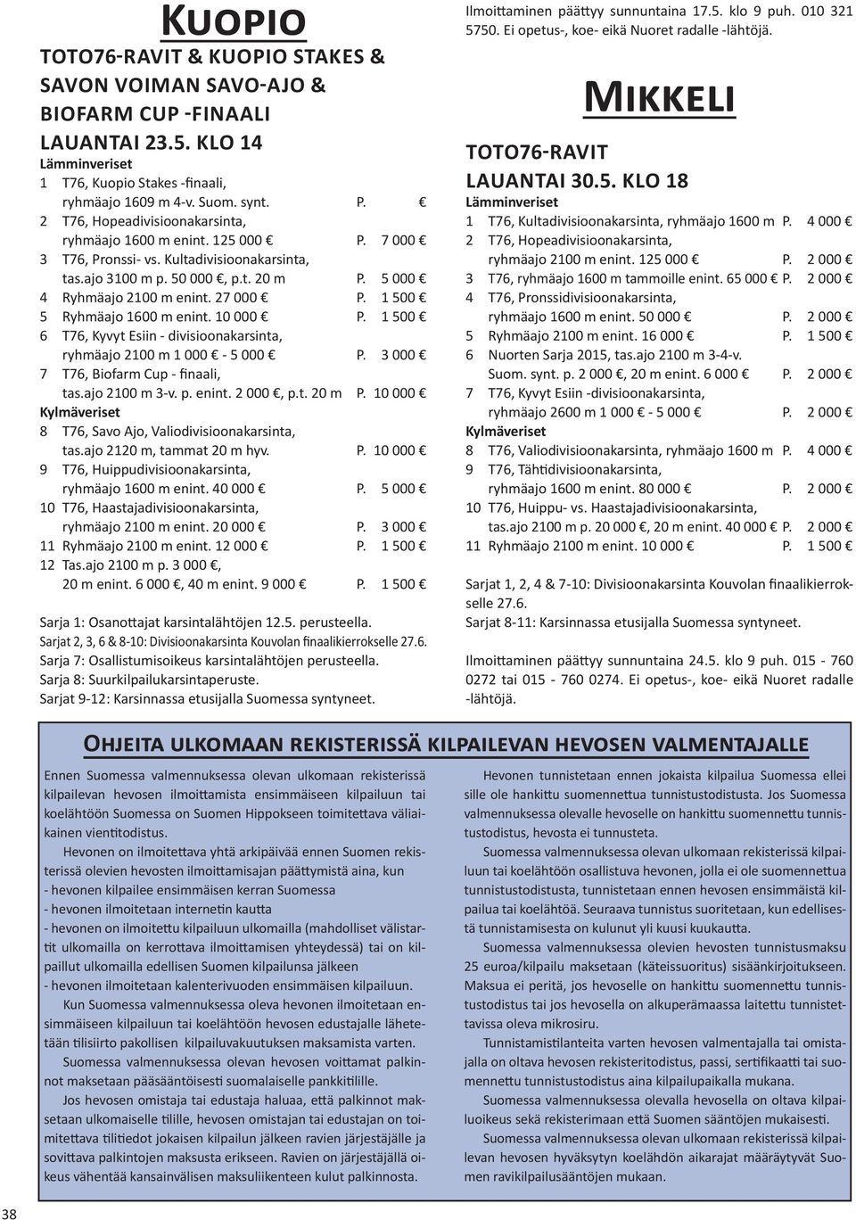 1 500 5 Ryhmäajo 1600 m enint. 10 000 P. 1 500 6 T76, Kyvyt Esiin - divisioonakarsinta, ryhmäajo 2100 m 1 000-5 000 P. 3 000 7 T76, Biofarm Cup - finaali, tas.ajo 2100 m 3-v. p. enint. 2 000, p.t. 20 m P.