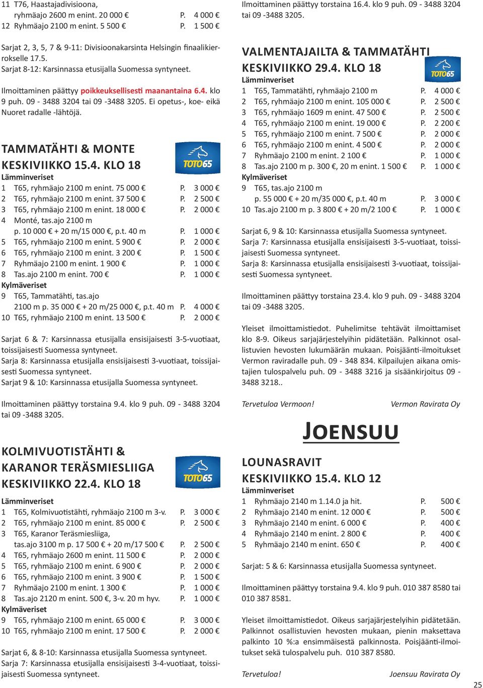 3 000 2 T65, ryhmäajo 2100 m enint. 37 500 P. 2 500 3 T65, ryhmäajo 2100 m enint. 18 000 P. 2 000 4 Monté, tas.ajo 2100 m p. 10 000 + 20 m/15 000, p.t. 40 m P. 1 000 5 T65, ryhmäajo 2100 m enint.