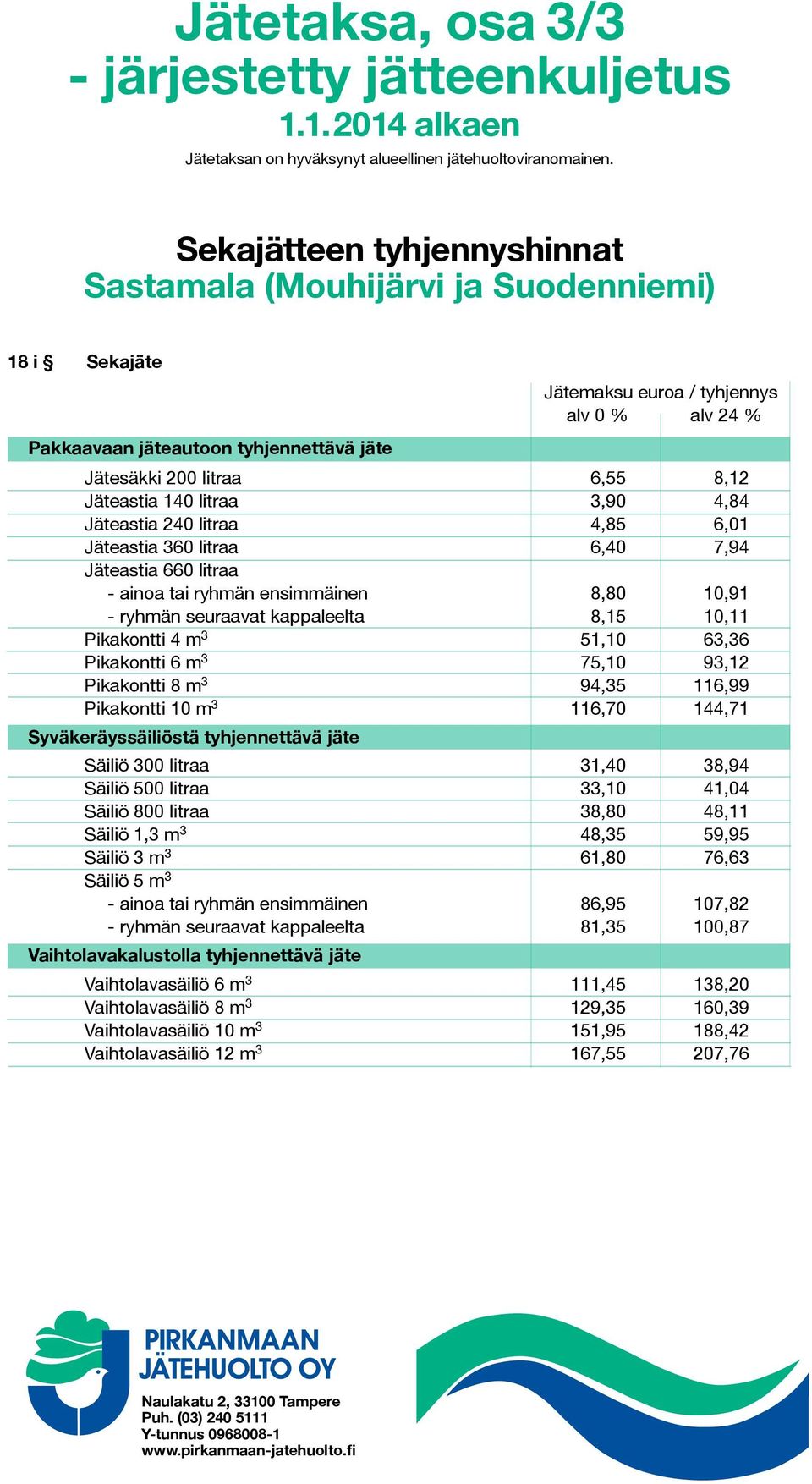 94,35 116,99 Pikakontti 10 m 3 116,70 144,71 Säiliö 300 litraa 31,40 38,94 Säiliö 500 litraa 33,10 41,04 Säiliö 800 litraa 38,80 48,11 Säiliö 1,3 m 3 48,35 59,95 Säiliö 3 m 3 61,80 76,63 - ainoa tai