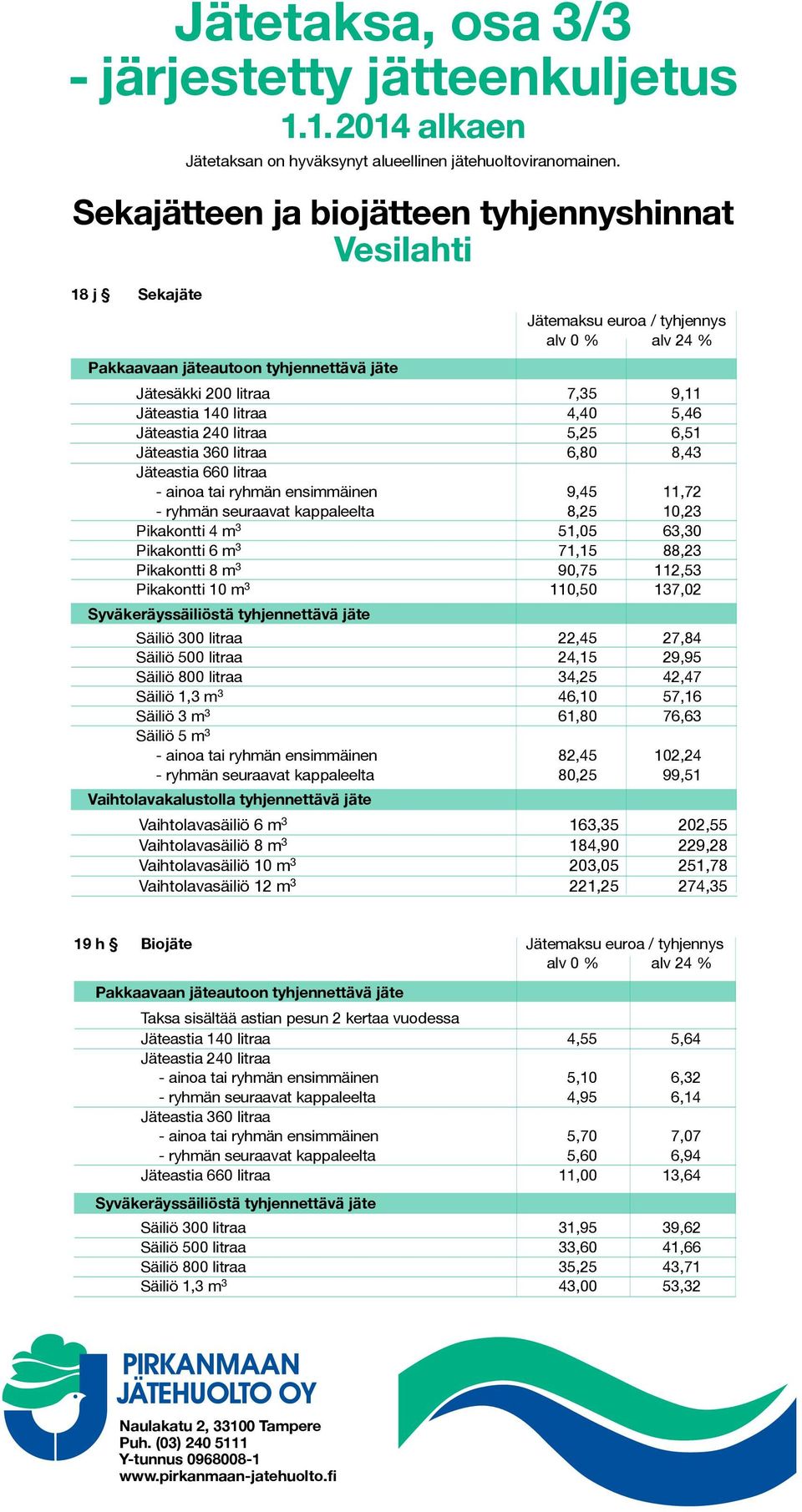 Pikakontti 10 m 3 110,50 137,02 Säiliö 300 litraa 22,45 27,84 Säiliö 500 litraa 24,15 29,95 Säiliö 800 litraa 34,25 42,47 Säiliö 1,3 m 3 46,10 57,16 Säiliö 3 m 3 61,80 76,63 - ainoa tai ryhmän