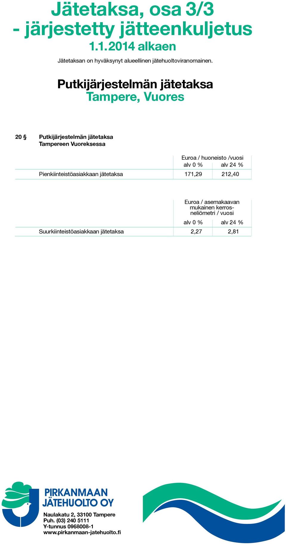 Pienkiinteistöasiakkaan jätetaksa 171,29 212,40 Euroa /