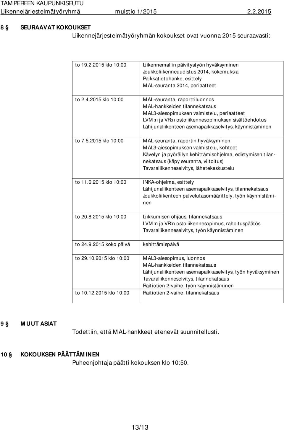 2015 klo 10:00 Liikennemallin päivitystyön hyväksyminen Joukkoliikenneuudistus 2014, kokemuksia Paikkatietohanke, esittely MAL-seuranta 2014, periaatteet MAL-seuranta, raporttiluonnos MAL-hankkeiden