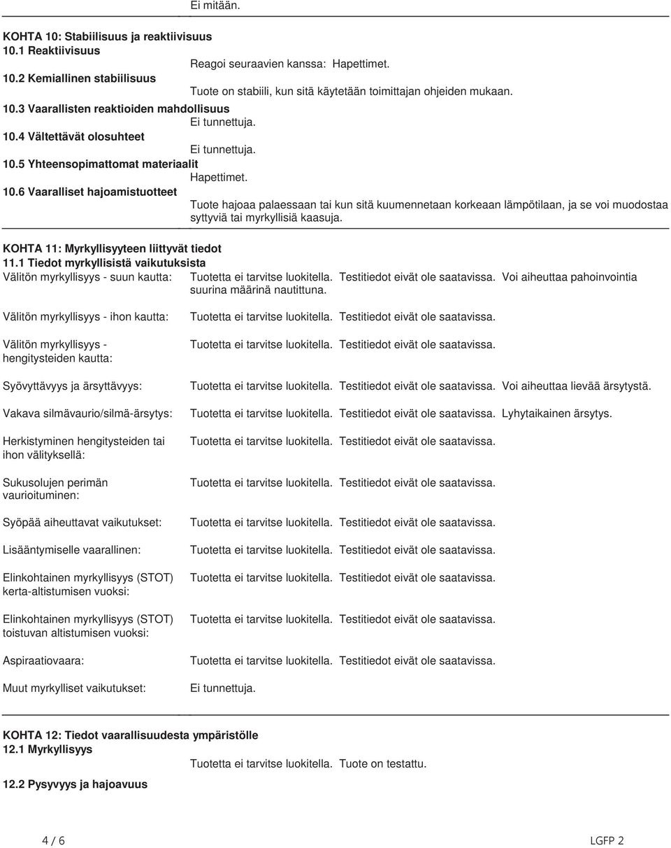 4 Vältettävät olosuhteet Ei tunnettuja. 10.5 Yhteensopimattomat materiaalit Hapettimet. 10.6 Vaaralliset hajoamistuotteet Tuote hajoaa palaessaan tai kun sitä kuumennetaan korkeaan lämpötilaan, ja se voi muodostaa syttyviä tai myrkyllisiä kaasuja.