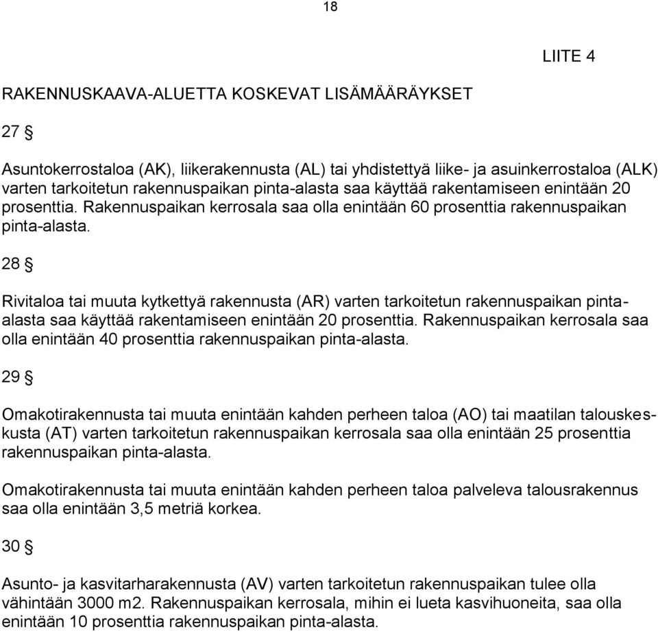 28 Rivitaloa tai muuta kytkettyä rakennusta (AR) varten tarkoitetun rakennuspaikan pintaalasta saa käyttää rakentamiseen enintään 20 prosenttia.