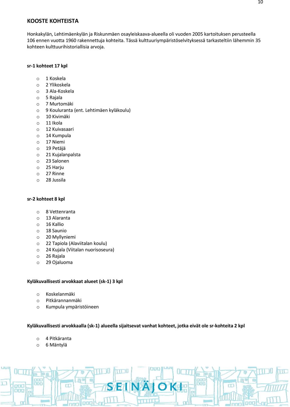 Lehtimäen kyläkulu) 10 Kivimäki 11 Ikla 12 Kuivasaari 14 Kumpula 17 Niemi 19 Petäjä 21 Kujalanpalsta 23 Salnen 25 Harju 27 Rinne 28 Jussila sr 2 khteet 8 kpl 8 Vettenranta 13 Alaranta 16 Kalli 18