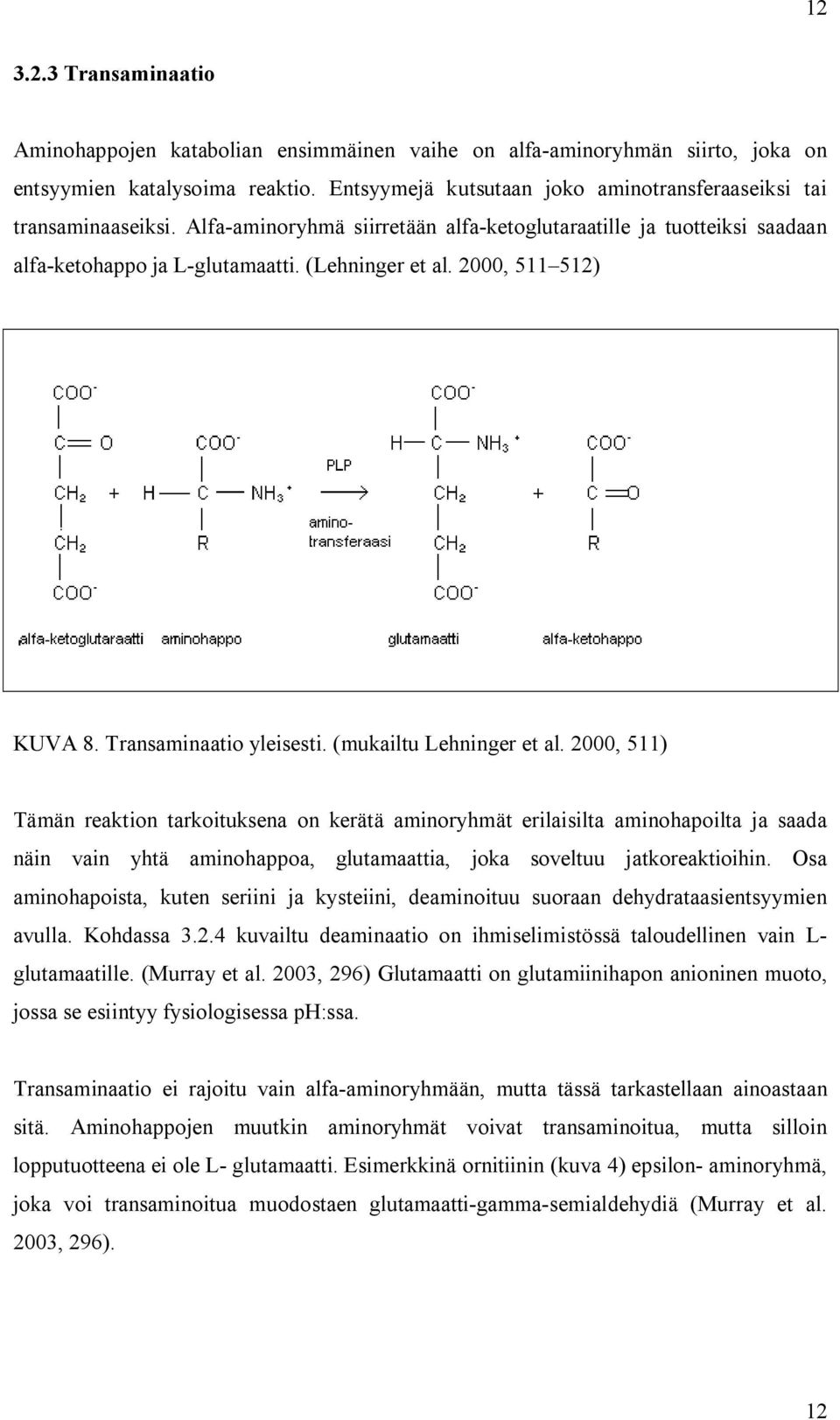 2000, 511 512) KUVA 8. Transaminaatio yleisesti. (mukailtu Lehninger et al.