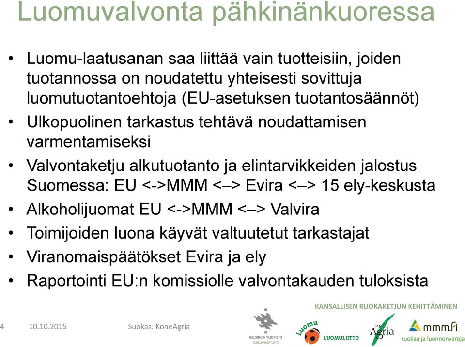 ja elintarvikkeiden jalostus Suomessa: EU <->MMM < > Evira < > 15 ely-keskusta Alkoholijuomat EU <->MMM < > Valvira Toimijoiden luona