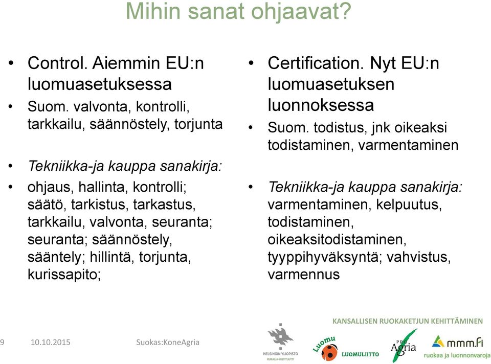 tarkkailu, valvonta, seuranta; seuranta; säännöstely, sääntely; hillintä, torjunta, kurissapito; Certification.