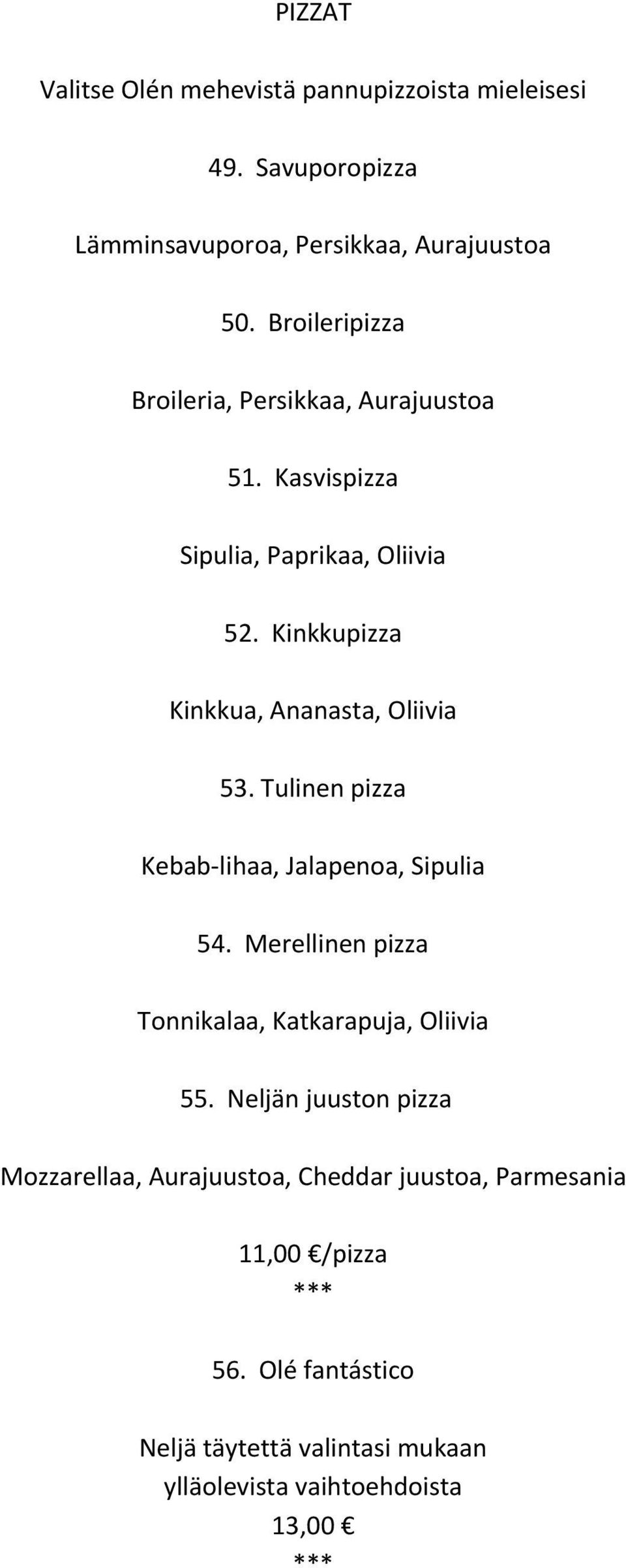 Kinkkupizza Kinkkua, Ananasta, Oliivia 53. Tulinen pizza Kebab lihaa, Jalapenoa, Sipulia 54.