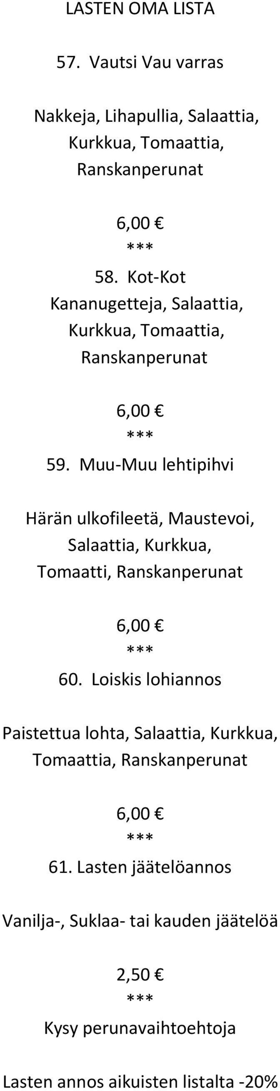 Muu Muu lehtipihvi Härän ulkofileetä, Maustevoi, Salaattia, Kurkkua, Tomaatti, Ranskanperunat 6,00 60.