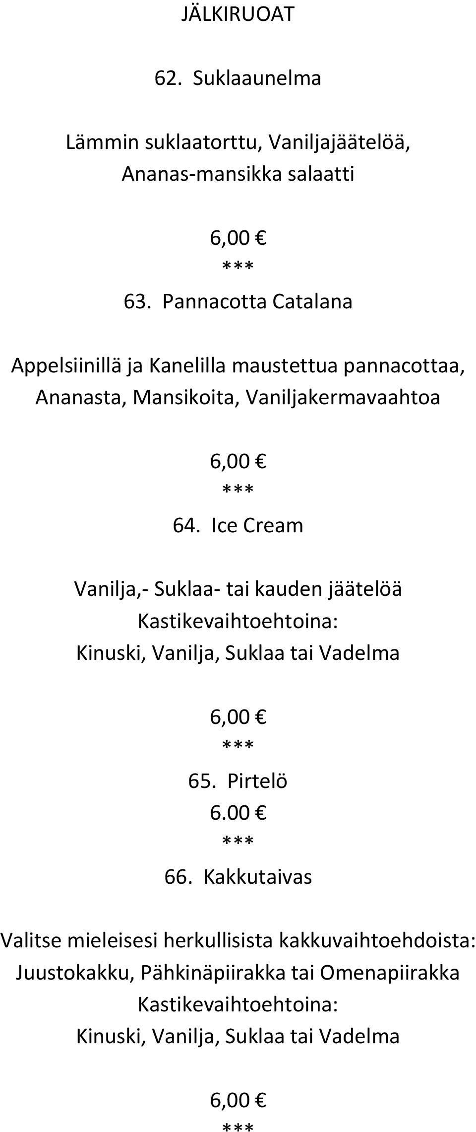 Ice Cream Vanilja, Suklaa tai kauden jäätelöä Kastikevaihtoehtoina: Kinuski, Vanilja, Suklaa tai Vadelma 6,00 65. Pirtelö 6.00 66.