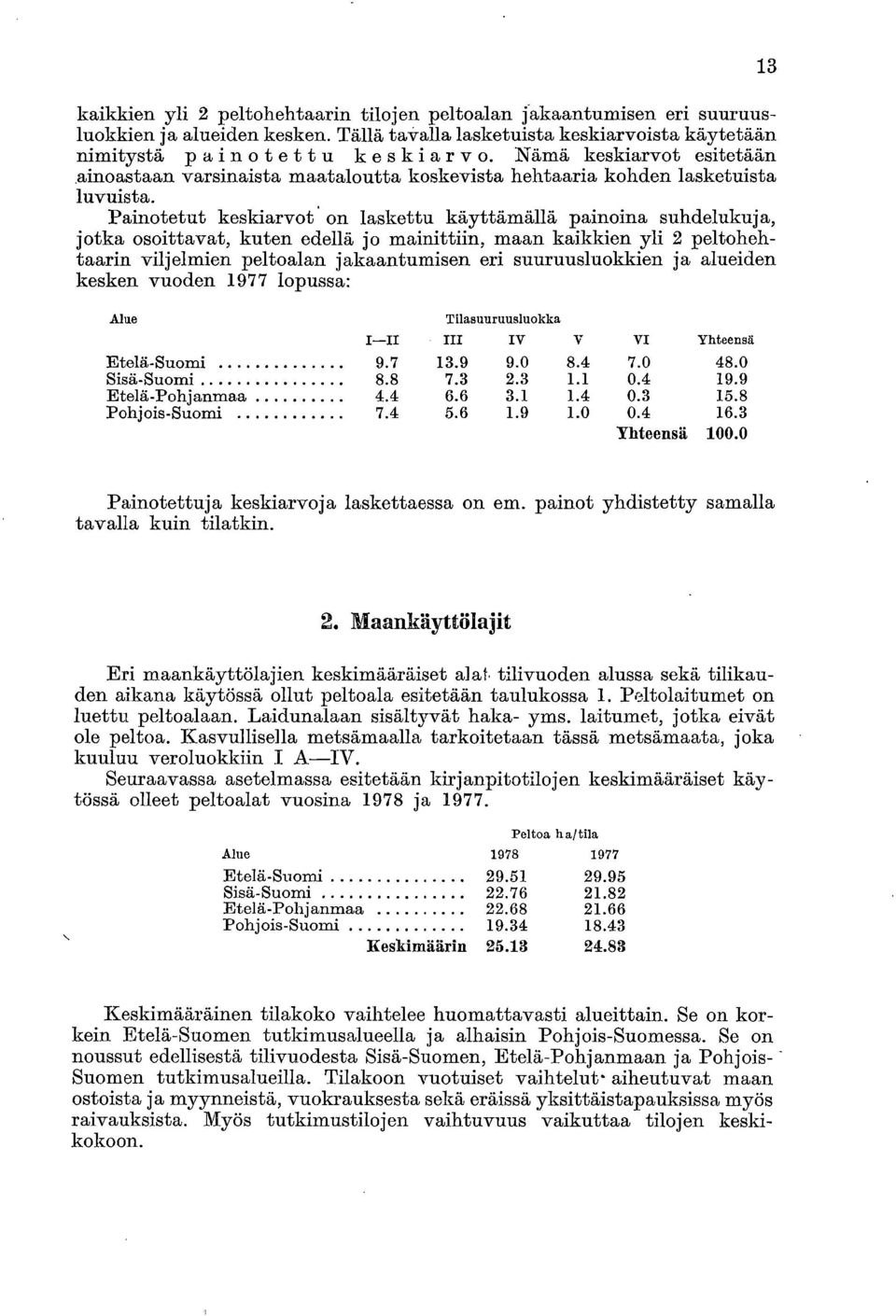 Painotetut keskiarvot on laskettu käyttämällä painoina suhdelukuja, jotka osoittavat, kuten edellä jo mainittiin, maan kaikkien yli 2 peltohehtaarin viljelmien peltoalan jakaantumisen eri